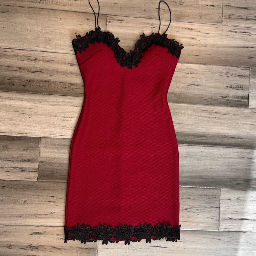Windsor Red Dress with Black Lace Trim - Picture 2 of 9